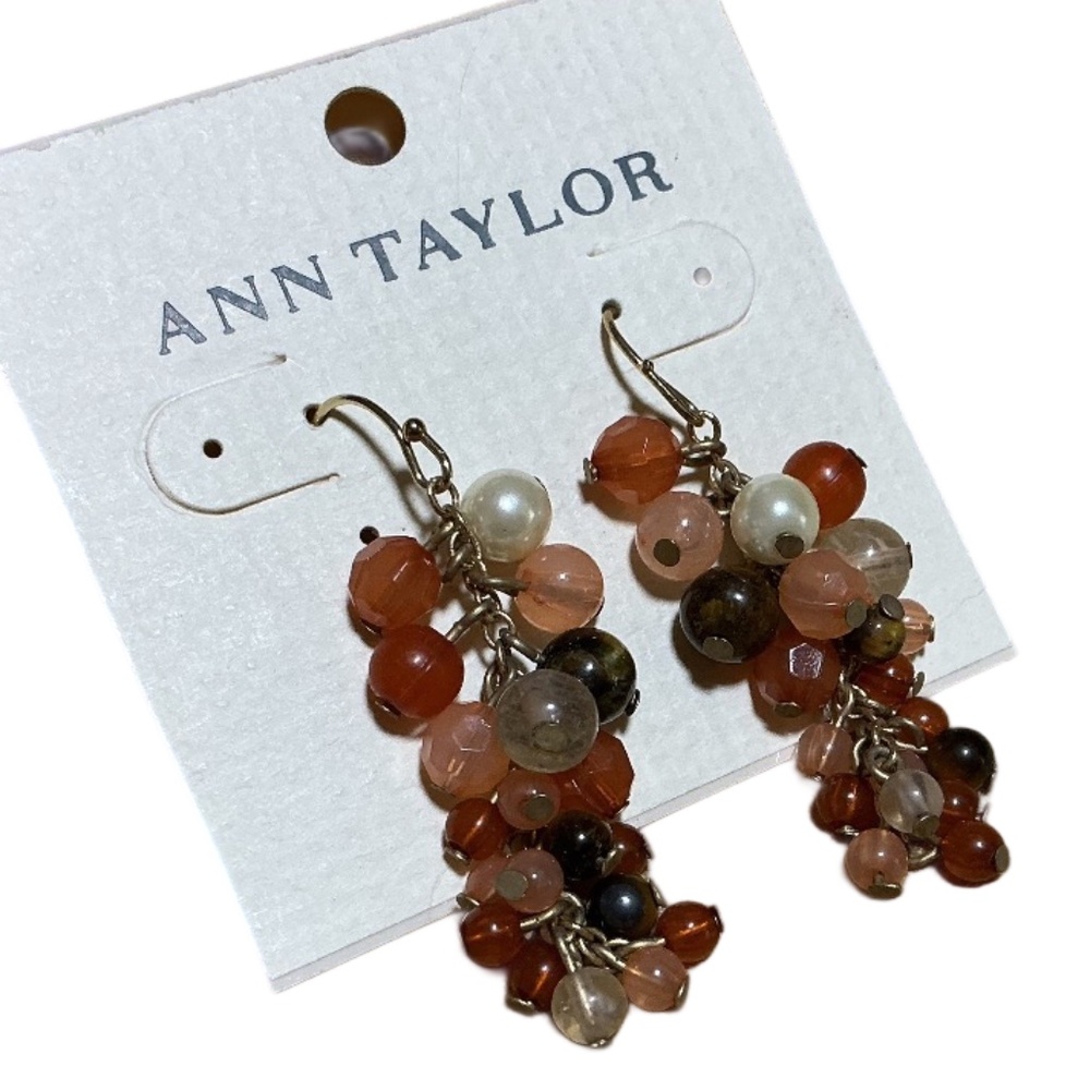 Ann Taylor Earrings Multi Stone Beaded Dangle, Possibly Jasper, Pearl, Carnelian